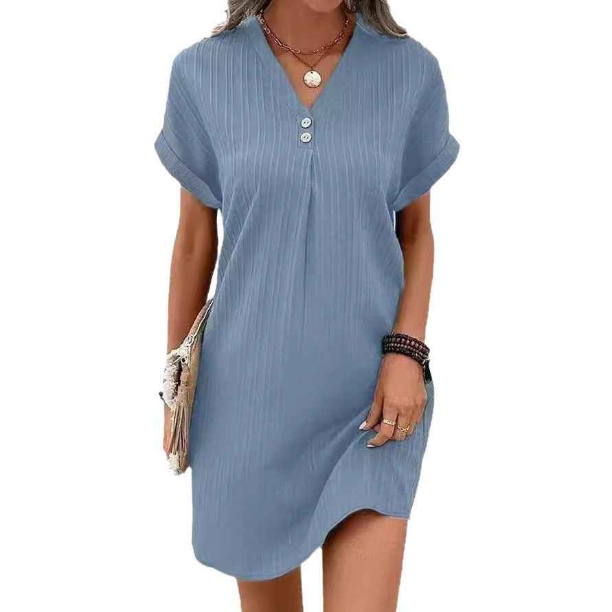 Solid Color Pullover Comfortable Casual Button Dress V-Neck Batwing Sleeve Dress
