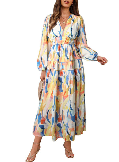 Bohemian female Long Lantern Sleeves Dress-Boho deep V printing high waist casual dress for women