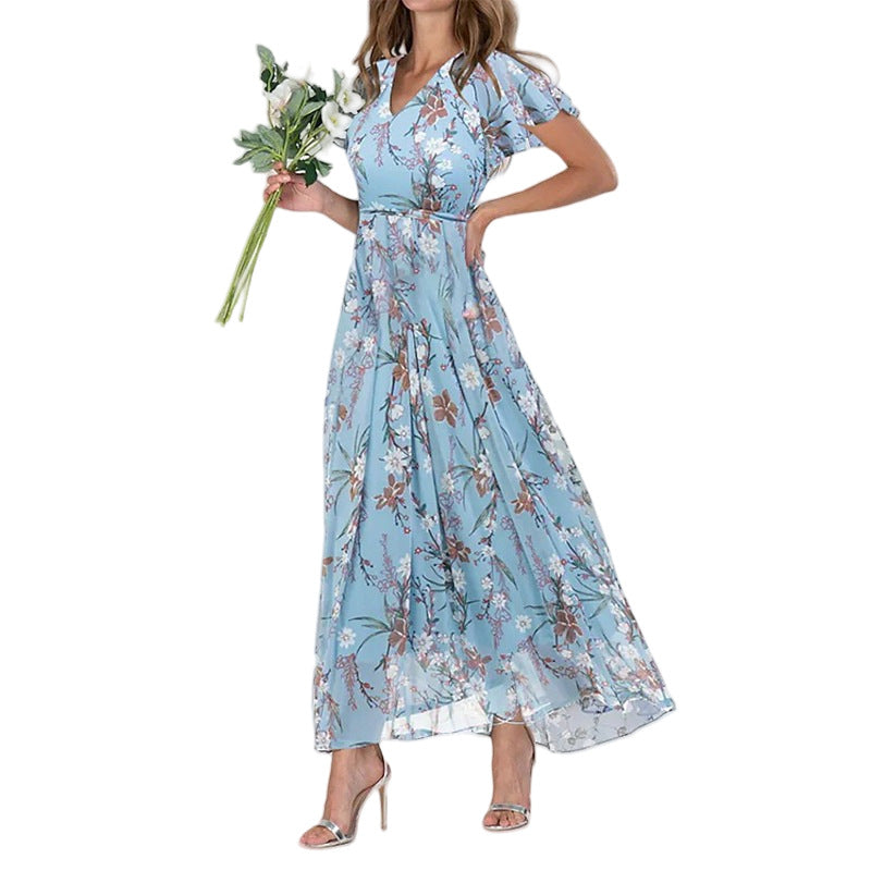 Summer Flared Maxi Dress V-Neck Short Sleeve Printed Chiffon Dress