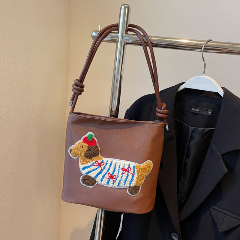 Bolso de lona con adorable estampado de cachorros - Bolso bandolera estilo cubo a la moda para estudiantes y mujeres 