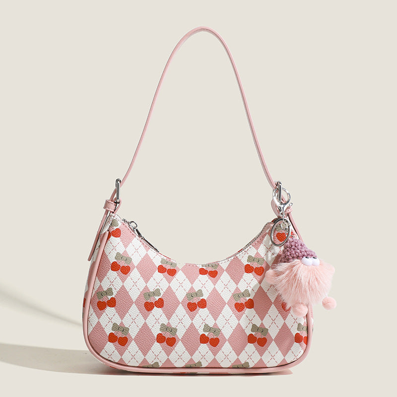 Bolso pequeño y versátil para llevar debajo del brazo, bolso de hombro con bonito estampado de cerezas, bolso de asa superior, bolso hobo en forma de media luna 