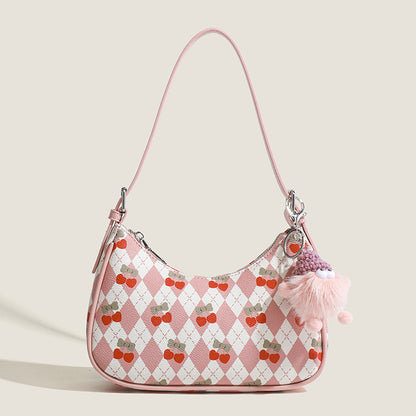 Bolso pequeño y versátil para llevar debajo del brazo, bolso de hombro con bonito estampado de cerezas, bolso de asa superior, bolso hobo en forma de media luna 