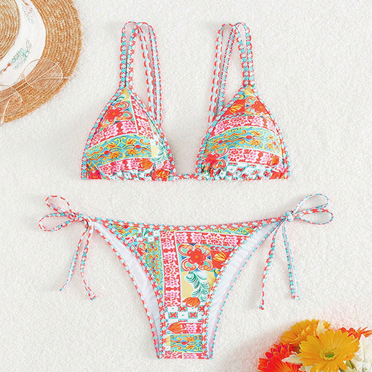 Printed Triangle Sexy Split Swimsuit Three Points Beach Bikini Female Neck-Tie Halter Bikini W Random Flower -dropshippingabc.com