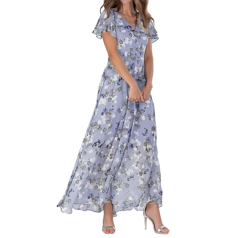 Summer Flared Maxi Dress V-Neck Short Sleeve Printed Chiffon Dress