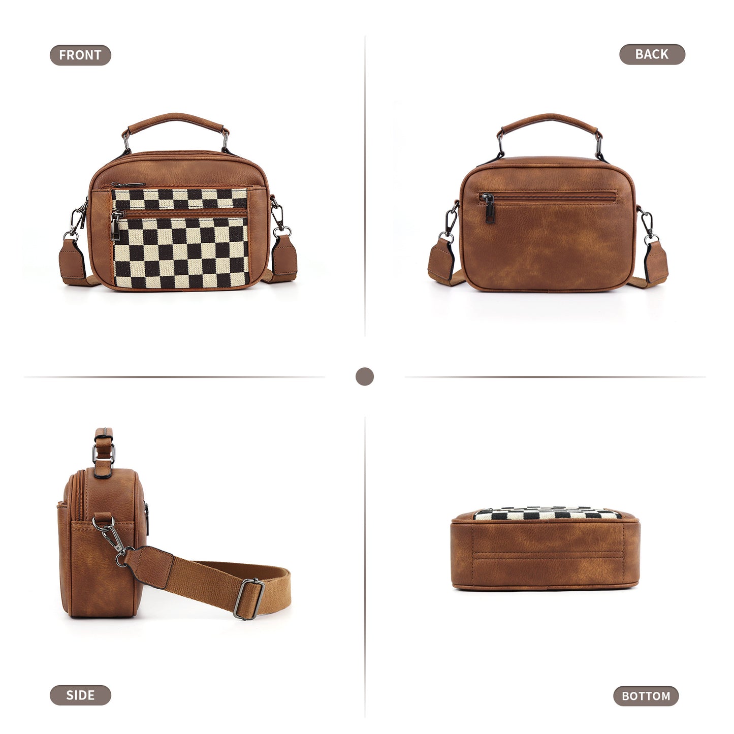 Bolso bandolera pequeño con doble cremallera y estampado de tablero de ajedrez, bolso bandolera pequeño cuadrado de PU, bolso bandolera pequeño para mujer con triple cremallera. 