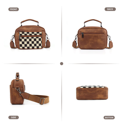 Bolso bandolera pequeño con doble cremallera y estampado de tablero de ajedrez, bolso bandolera pequeño cuadrado de PU, bolso bandolera pequeño para mujer con triple cremallera. 