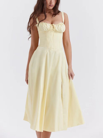 Sleeveless Strapless Bandage Corset Dress - Floral Print Long Midi Dress with Lace Up Back & Thigh Slit -dropshippingabc.com