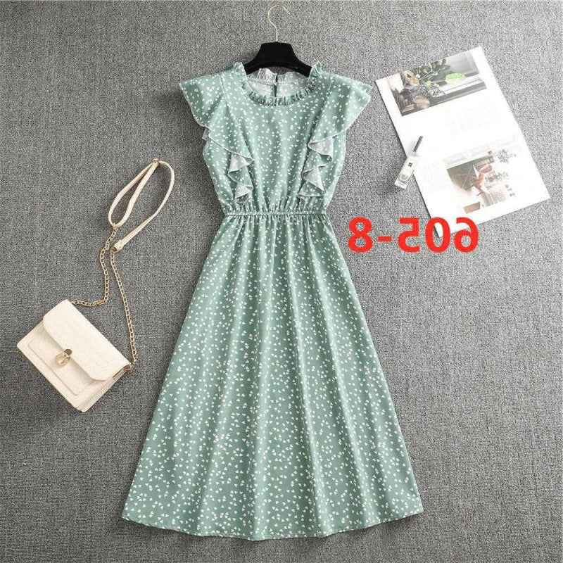 Polka Dot Chiffon Skirt Loose Versatile Temperament Medium Skirt Dot Print Butterfly Sleeve Ruffles dress