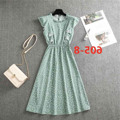 Polka Dot Chiffon Skirt Loose Versatile Temperament Medium Skirt Dot Print Butterfly Sleeve Ruffles dress