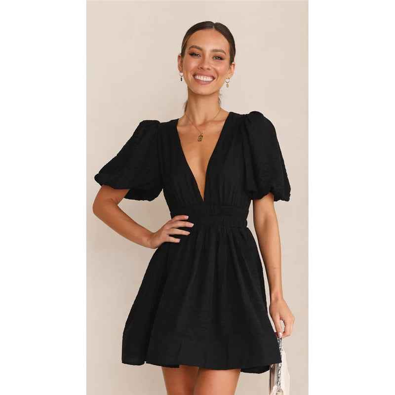 Deep v Waist Skinny Pleated Bubble Sleeve Dress Lantern Sleeve Bridesmaid