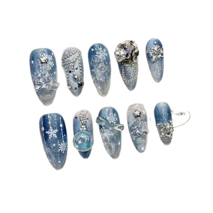 Copo de nieve azul otoño e invierno Navidad hecho a mano almendra corta uñas arte puro hecho a mano