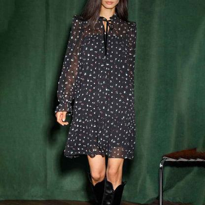 Chiffon floral dress neckline ruffle strap splicing horn skirt Pleated Mini Dress Lace Up Ruffle