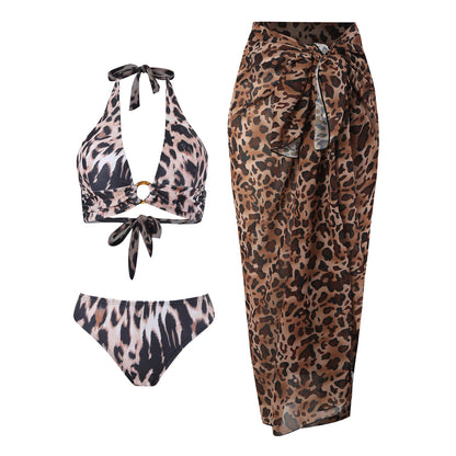 Vintage high waist split three-piece swimsuit women's bikini swimsuit chiffon beach skirt set