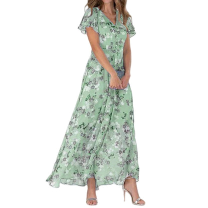 Summer Flared Maxi Dress V-Neck Short Sleeve Printed Chiffon Dress