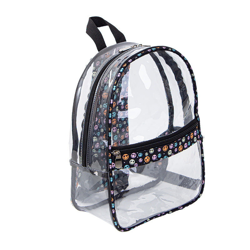 Mochila transparente e impermeable de PVC, mochila escolar con estampado de carita sonriente, bolsa de hombro para guardar libros y viajar 