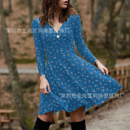 Retro Floral Print V-Neck Long Sleeve Dress