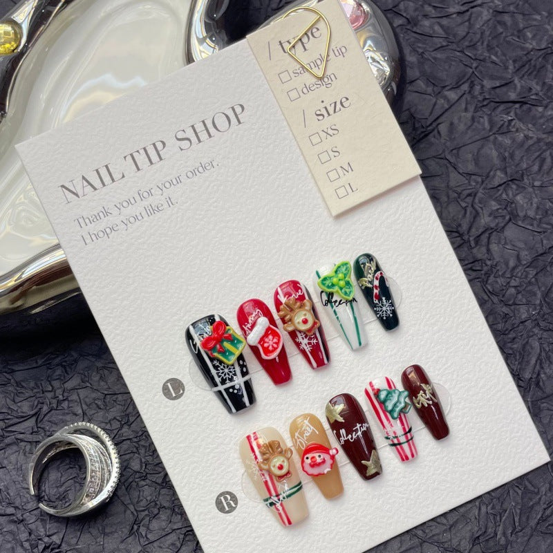 Colección navideña Feliz Navidad Industria pesada Arte de uñas hecho a mano Uñas postizas largas y cortas