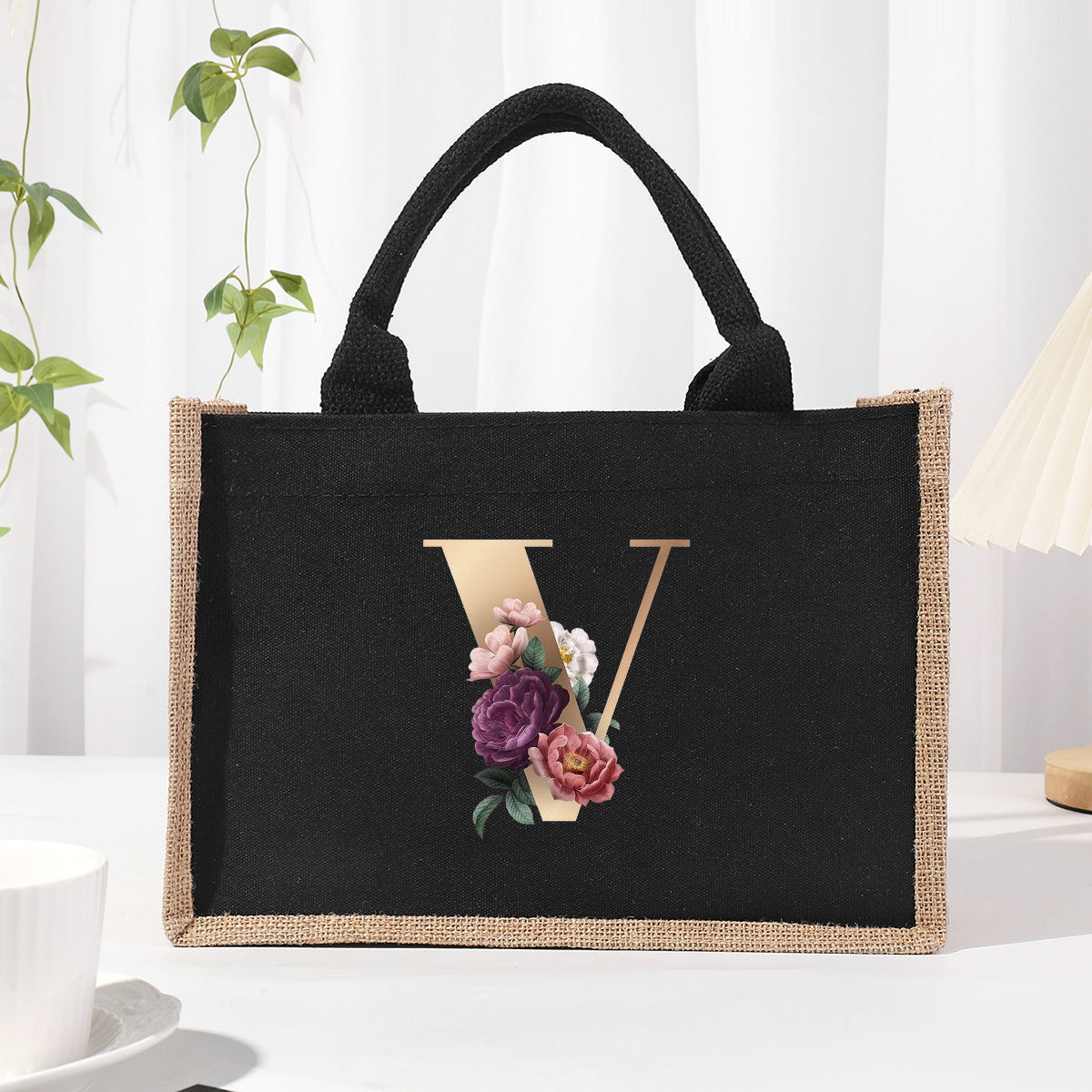 Bolsa de tela de algodón y lino, bolsa de tela con letras estampadas, bolso ligero portátil, bolsa de regalo para compras 