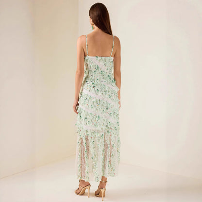 Women's Ruffle Spaghetti Strap Summer Sexy Cover-Up Mesh Long Dress