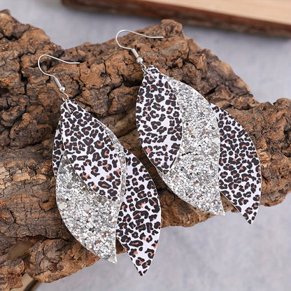 Bohemian Geometric Drop Earrings - Lightweight Faux Leather Leaf Design with Double-Sided Color & Triple Tassel Fringe -dropshippingabc.com