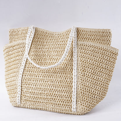 Summer Straw Tote – Women’s Large Shoulder Beach Bag, Patchwork Handwoven Purse