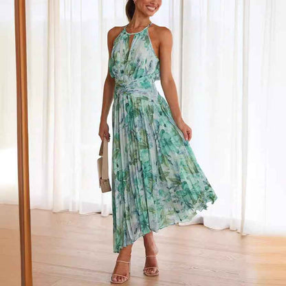 Neck Sleeveless V-Neck Printed Pendulum Dress Backless Maxi Dress Women Sexy