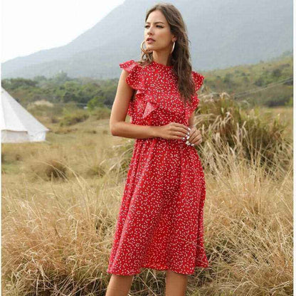 Polka Dot Chiffon Skirt Loose Versatile Temperament Medium Skirt Dot Print Butterfly Sleeve Ruffles dress