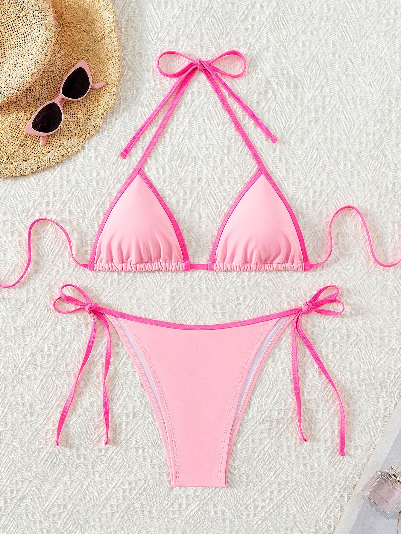 Plants Print Batwing Sleeve Bikini Set - Contrast Strap Sexy Split Swimsuit with Short Sleeve Cover -dropshippingabc.com