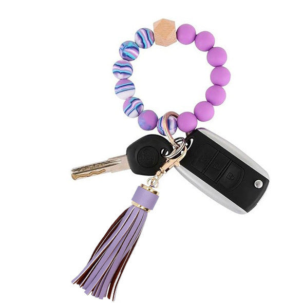 PU Tassel Keychain Women's Bag charm Silicone Beaded Keychain Wristlet Key Ring Bracelet Cute Car Key Chain Holder for Women Girls -dropshippingabc.com
