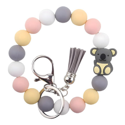 Llavero con borla de PU y cuentas de silicona para bolso, pulsera, llavero de coche, para mujeres y niñas 