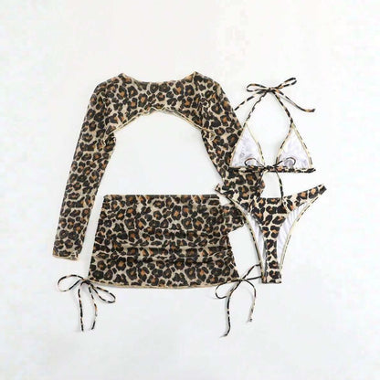 Leopard Print Lace up Sexy Bikini Separated Four piece Swimsuit Long Sleeve Sun Protection Skirted Swimwear