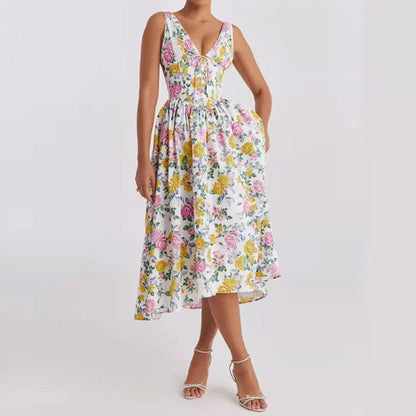 Women's Fashion Sexy V-Neck Halter Suspender Printed Dress