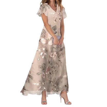 Summer Flared Maxi Dress V-Neck Short Sleeve Printed Chiffon Dress