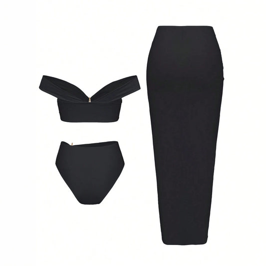 Starfish Three Piece Split Swimsuit Women's Bikini with Long Skirt