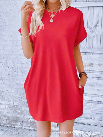 Loose Plus Size Fashion Casual Dress Solid Batwing Sleeve Tee Dress