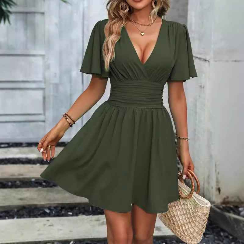 Deep v Waist Skinny Pleated Bubble Sleeve Dress Lantern Sleeve Bridesmaid