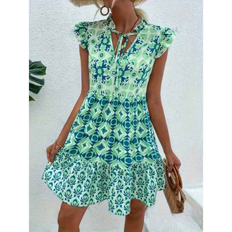 V-Neck Strap Flower Dress Cap Sleeve Printed Vacation Dress