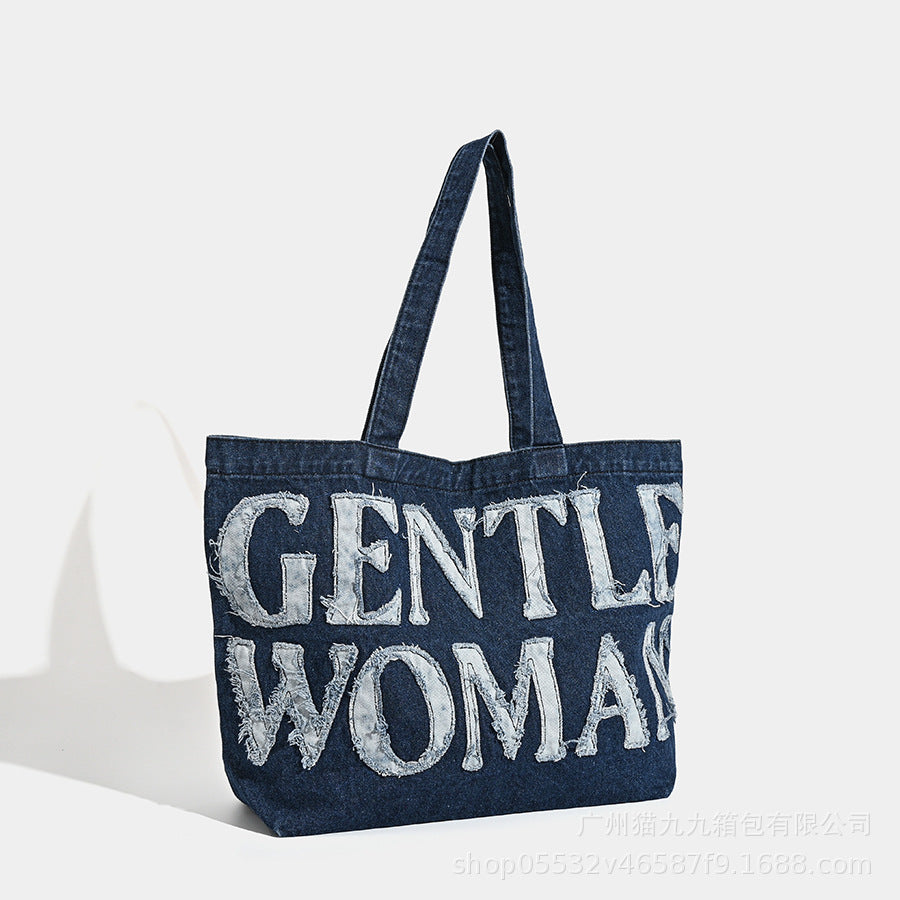 Bolso bandolera de lona de gran capacidad, bolso tote grande de mezclilla retro, bolso de mano de tela con pegatinas de letras, bolso tote grande 