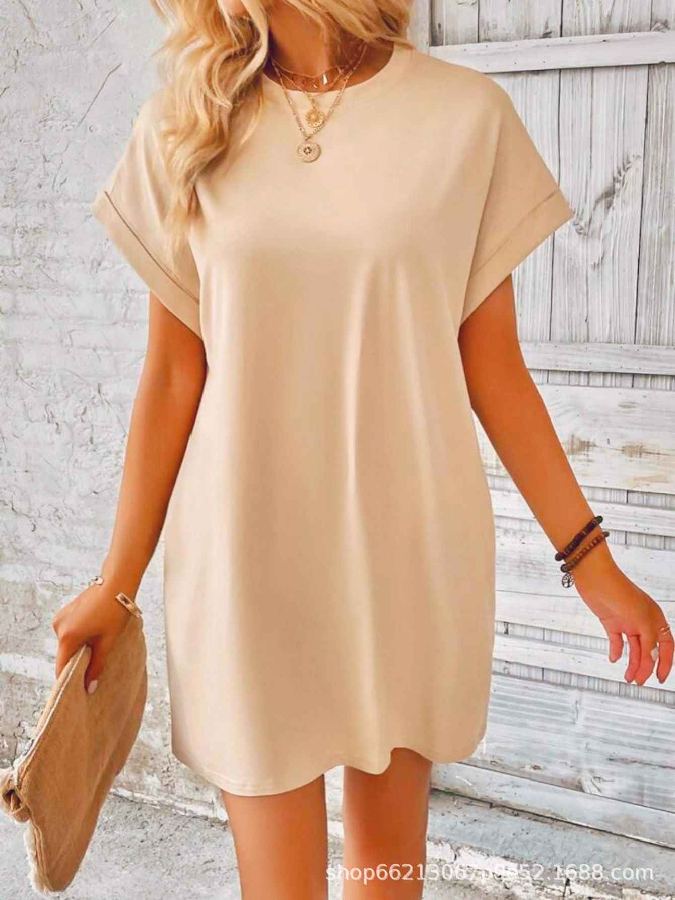 Loose Plus Size Fashion Casual Dress Solid Batwing Sleeve Tee Dress