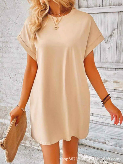 Loose Plus Size Fashion Casual Dress Solid Batwing Sleeve Tee Dress