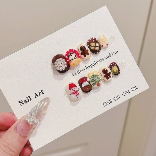 Arte de uñas para el día de Navidad, hecho a mano, con dibujos animados, corto, personalizado, extraíble, bonito, adhesivo para uñas.