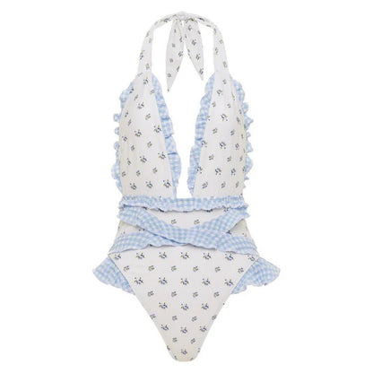 Women's Ruffled Lace Bow Floral Tie One-Piece Swimsuit Set