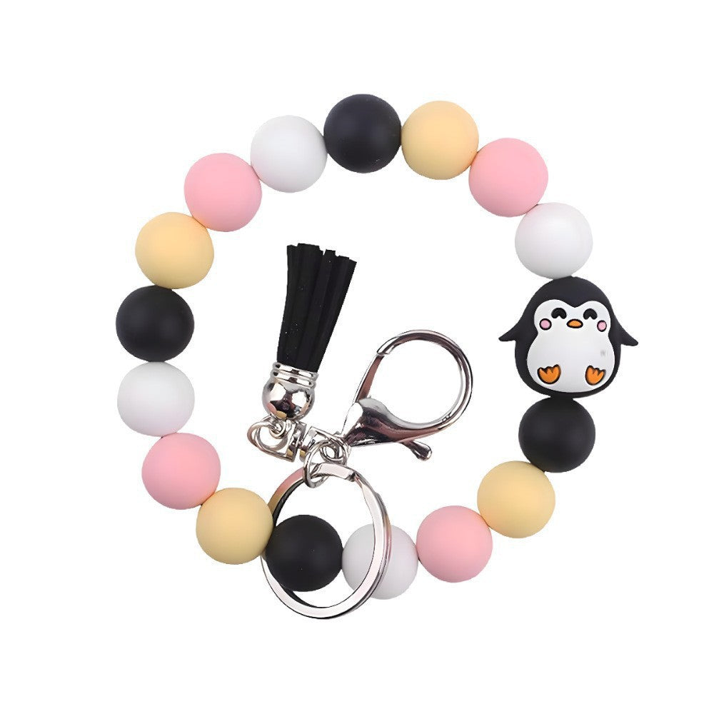 Llavero con borla de PU y cuentas de silicona para bolso, pulsera, llavero de coche, para mujeres y niñas 