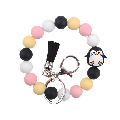 Llavero con borla de PU y cuentas de silicona para bolso, pulsera, llavero de coche, para mujeres y niñas 