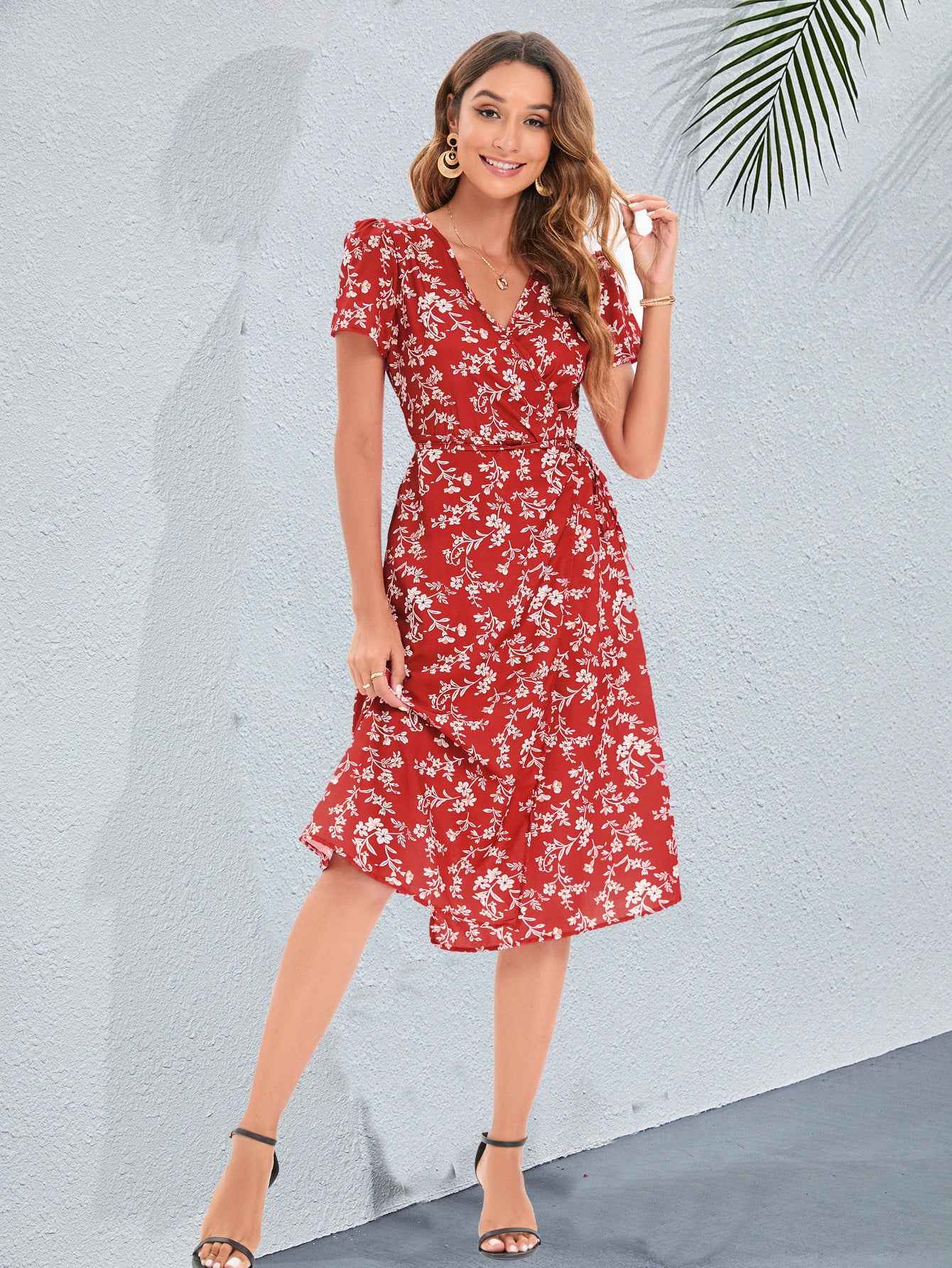 Vacation Wind ins Vintage Long Dress Small Floral Beach Summer Dress Women V Neck