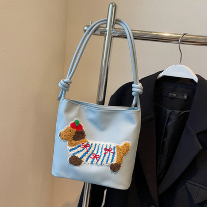 Bolso de lona con adorable estampado de cachorros - Bolso bandolera estilo cubo a la moda para estudiantes y mujeres 