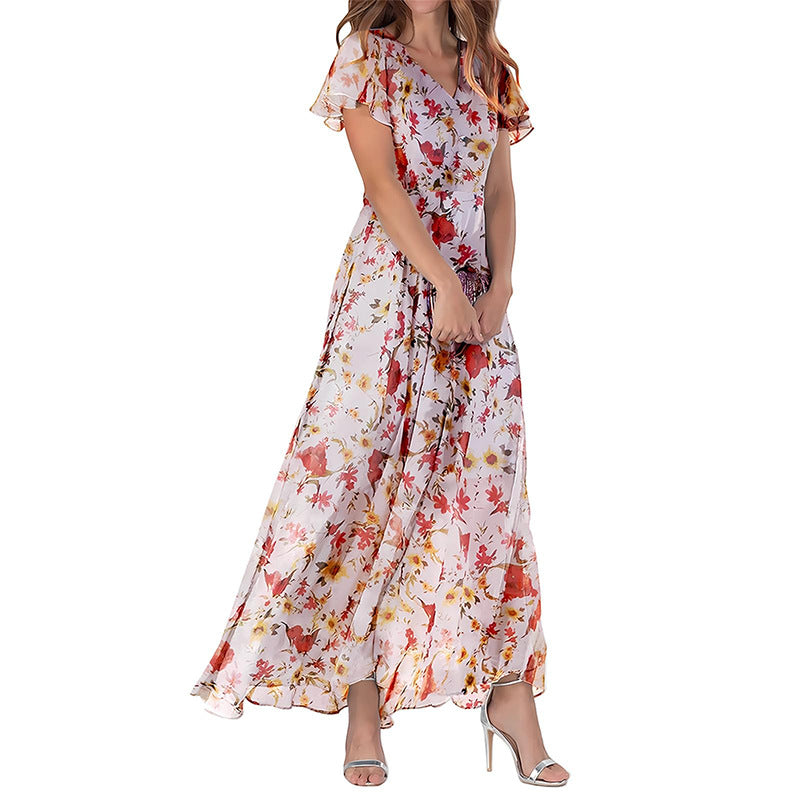 Summer Flared Maxi Dress V-Neck Short Sleeve Printed Chiffon Dress