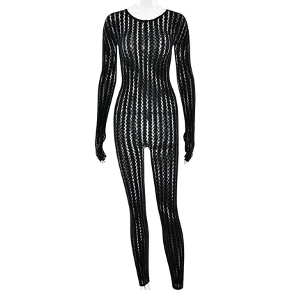 Sexy perspective summer perspective onesie fashion seamless striped jacquard one-piece long-sleeved one-piece trousers