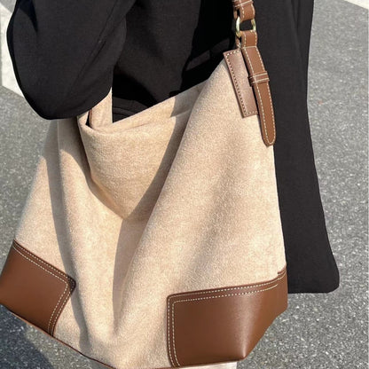 Bolso hobo de ante de gran capacidad, bolso de hombro femenino con contraste, bolso de mano, bolso informal