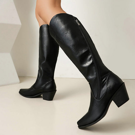 Chunky Heel Leather Martin Knee Boots | Big Sizes up to US16